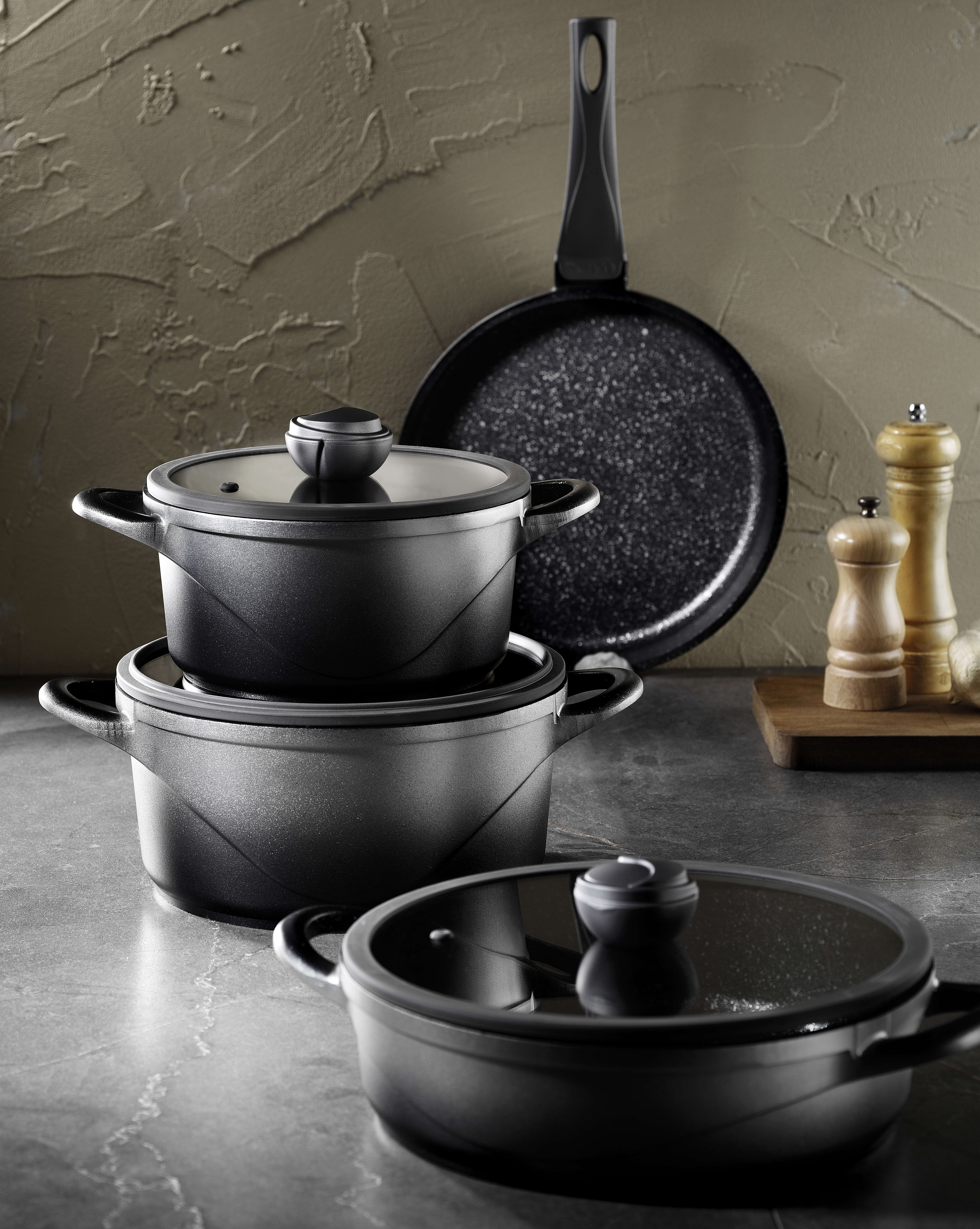 Oms Collection - Monochrome - 7 Parça, Biogranit Döküm Tencere Tava Seti ( 3559 )